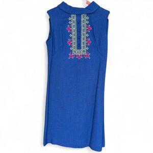 Vintage 70s Royal blue embroidery shift dress size 8 fits S